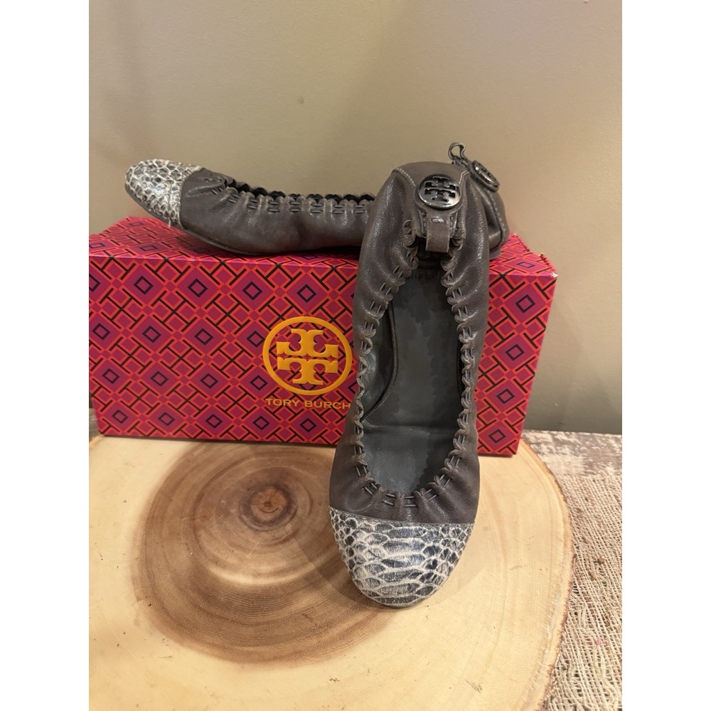 TORY BURCH EDDIE Gray Cap Toe Snake Print Slip On Ballet‎ Flats Shoes Sz 7.5